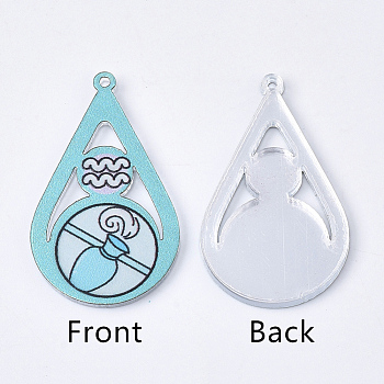 Acrylic Pendants, PVC Printed on the Front, Film and Mirror Effect on the Back, teardrop, with Constellation, Aquarius, Aquarius, 29.5x18x2mm, Hole: 1.5mm