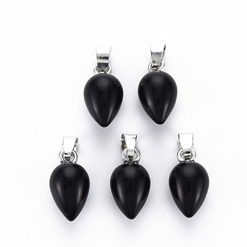 Natural Black Stone Pendants, with Platinum Iron Pinch Bail, Teardrop, 20x11mm, Hole: 7x4mm