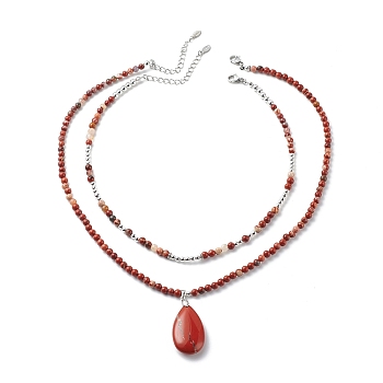 2Pcs 2 Style Natural Red Jasper Teardrop Pendant Necklaces Set, Synthetic Hematite & Brass Beaded Stackable Necklaces for Women, 15.35~20.39 inch(39~51.8cm), 1Pc/style