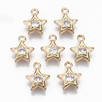 Brass Micro Pave Cubic Zirconia Charms, Light Gold, Long-Lasting Plated, Cadmium Free & Lead Free, Star, Clear, 10.5x8.5x2mm, Hole: 1.2mm