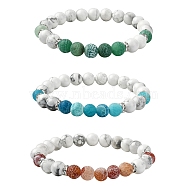 3Pcs 3 Color Natural Dyed Crackle Agate & Howlite Round Beaded Stretch Bracelets, Stackable Bracelets, Mixed Color, Inner Diameter: 2-3/8~2-1/2 inch(6~6.5cm), 1Pc/color(BJEW-TA00449)