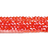 Transparent Electroplate Glass Beads Strands, Pearl Luster Plated, Faceted, Bicone, Red, 4x4mm, Hole: 0.8mm, about 87~98pcs/strand, 12.76~14.61 inch(32.4~37.1cm)(GLAA-F029-4mm-C14)
