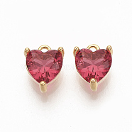 Valentine's Day Brass Charms, with Cubic Zirconia, Nickel Free, Heart, Real 18K Gold Plated, Crimson, 7x5x3mm, Hole: 0.9mm(X-ZIRC-Q021-020G-NF)