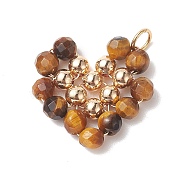 Natural Tiger Eye Copper Wire Wrapped Pendants, Heart Charms, with Golden Tone Brass Beads, 22.5x22x4.5mm, Hole: 3.6mm(PALLOY-JF02037-01)