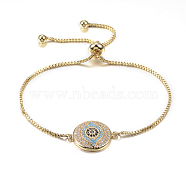 Adjustable Brass Box Chain Bolo Bracelets, Slider Bracelets, with Cubic Zirconia Links, Flat Round with Eye, Golden, 10-1/4 inch(260mm), 1.2mm(BJEW-P196-05G)