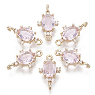 Glass Links connectors, with Brass Micro Pave Cubic Zirconia, Faceted, Oval, Light Gold, Pink, 17.5x10x5mm, Hole: 1.2mm(GLAA-T021-11B-07)