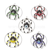 5Pcs 5 Color Brass Pendants, with Glass Seed & Evil Eye Lampwork & Natural Lava Rock Beads, Ring with Spider Charms, Mixed Color, 44~48x40~43x8mm, Hole: 1mm and 2mm, 1Pc/color(PALLOY-TA00032)