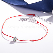 Brass with Cubic Zirconia Flat Round Beaded Bracelet, with Red Cords, Platinum, 7-1/8 inch(18cm)(FIND-PW0024-13B)