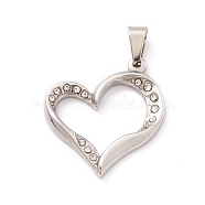 304 Stainless Steel Pendant,  Rhinestone, Heart, Stainless Steel Color, 32x29x3.5mm, Hole: 9x4.5mm(STAS-C045-05P)