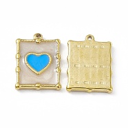 Vacuum Plating 201 Stainless Steel Pendant, with Enamel, Real 18K Gold Plated, Rectangle with Heart Charm, Deep Sky Blue, 20.5x15x2.7mm, Hole: 1.4mm(STAS-J401-VC1033)