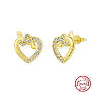 925 Sterling Silver Heart Stud Earrings, with Clear Cubic Zirconia, with S925 Stamp, Real 14K Gold Plated, 9x9.5mm(STER-M116-02G)