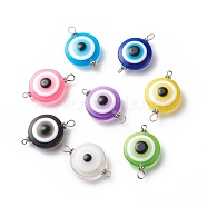 Transparent Evil Eye Resin Connector Charms, with Alloy Spacer Beads and Iron Double Loops, Mixed Color, Flat Round, Platinum, 32x20~20.5x9~9.5mm, Hole: 1.8mm and 3.5mm(PALLOY-JF01848-02)