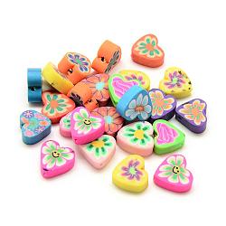 Handmade Polymer Clay Beads, Heart with Flower, Mixed Color, 10x10~11x4mm, Hole: 1~2mm(CLAY-Q230-29)