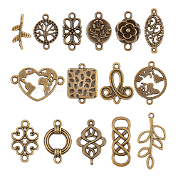 ARRICRAFT 120Pcs 15 Styles Tibetan Style Alloy Connector Charms, Mixed Shapes, Antique Bronze, 13~38.5x8~27.5x1~5mm, Hole: 1~9~1~5mm, 8pcs/style(FIND-AR0001-91)