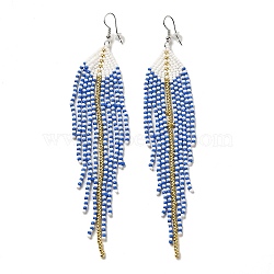 Bohemia Woven Glass Seed Bead Dangle Earrings, Tassel Chandelier Iron Earrings for Women, Royal Blue, 140mm(EJEW-A046-04D)
