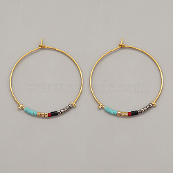 Glass Seed Beaded Hoop Earrings, Boho Beach Earrings, Gray, 30x30mm(XS8443-12)