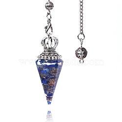 Natural Lapis Lazuli Chip & Resin Dowsing Pendulum Big Pendants, with Platinum Plated Metal Crown, Cone Charm, 300mm(PW-WG89635-02)