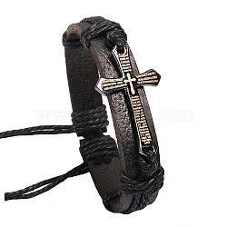 Adjustable Cross with Word Iron Braided Leather Cord Bracelets, Black, 60mm(BJEW-P0001-02B)