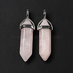 Natural Rose Quartz Double Terminated Pointed Pendants, with Alloy Findings, Bullet, Platinum, 38~45x12mm, Hole: 3x5mm, Gemstone: 10mm in diameter(X-G-D415-12)