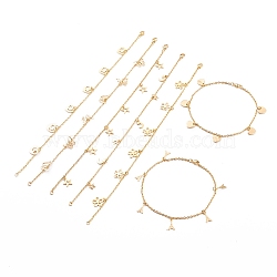 304 Stainless Steel Charm Anklets, with Cable Chains and Lobster Claw Clasps, Mixed Shapes, Golden, 9-3/4 inch(24.7cm)(AJEW-H103-01)