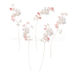 Glass Seeds Beads, Cherry Quartz Glass Golden Brass Wire Wrapped Branch, ABS Imitation Pearl Flower Ornament, for DIY Wire Tree Sculpture, Beaded Bonsai Tree, 135~150x30~35x8~9mm(GLAA-K060-05G-02)
