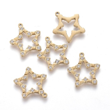 316 Surgical Stainless Steel Micro Pave Clear Cubic Zirconia Charms, Star, Golden, 14.5x13.5x1.3mm, Hole: 1mm