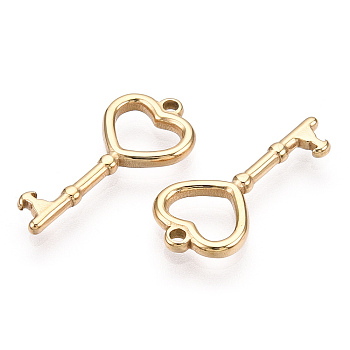 Valentine's Day 304 Stainless Steel Pendants, Manual Polishing, Heart Key Charm, Real 14K Gold Plated, 22x10x2mm, Hole: 1.4mm