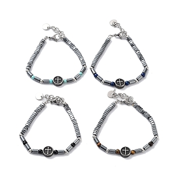 Cross Synthetic Non-magnetic Hematite Beaded Bracelets, Mixed Gemstone Round Bead 201 Stainless Steel Bracelets for Women, 8-5/8 inch(21.8cm)