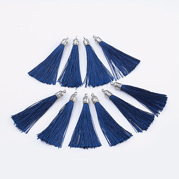 Nylon Tassels Big Pendant Decorations, with Antique Silver Alloy Findings, Marine Blue, 55~67x7mm, Hole: 2mm