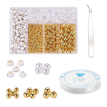 DIY Jewelry Bracelets Making Kits, Including ABS Plastic Beads, Imitation Pearl Acrylic Beads, Plating Acrylic Beads, Clear Elastic Crystal Thread 410 Stainless Steel Pointed Tweezers, Mixed Color, Beads: 710pcs
