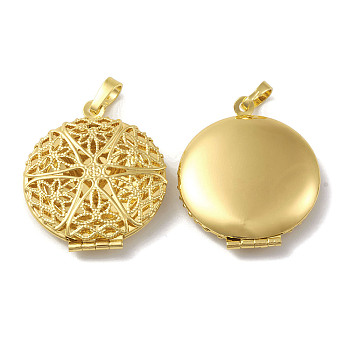 Rack Plating Brass Locket Pendants, Flat Round Charm, Cadmium Free & Lead Free, Long-Lasting Plated, Real 18K Gold Plated, 32x27.5x7mm, Hole: 4.5x8mm