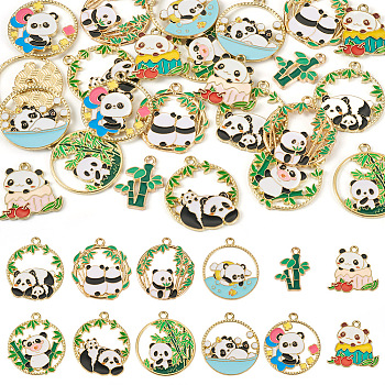 Pandahall 24Pcs 12 Style Alloy Enamel Pendants, Panda Bamboo Charm, Light Gold, Mixed Color, 20.5~28x16.5~28x1.5mm, Hole: 1.6~1.8mm, 2pcs/style