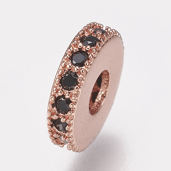 Brass Micro Pave Cubic Zirconia Bead Spacers, Flat Round, Black, Rose Gold, 8x2mm, Hole: 3mm