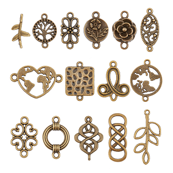 ARRICRAFT 120Pcs 15 Styles Tibetan Style Alloy Connector Charms, Mixed Shapes, Antique Bronze, 13~38.5x8~27.5x1~5mm, Hole: 1~9~1~5mm, 8pcs/style