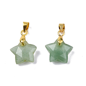 Natural Green Aventurine Charms, with Golden Plated Brass Findings, Faceted Star, Star: 12x12.5x5.5mm, Hole: 3.5x4mm