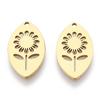 Ion Plating(IP) 304 Stainless Steel Pendants, Laser Cut, Horse Eye with Flower Charm, Real 18K Gold Plated, 20x12x1.5mm, Hole: 1.5mm