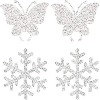 SUPERFINDINGS 4Pcs 2 Style Snowflake & Butterfly Glitter Hotfix Rhinestone, Iron on Patches, Dress Shoes Garment Decoration, Crystal, 60~90x73~78x2mm, 2pcs/style