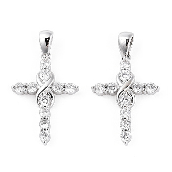 Rhodium Plated 925 Sterling Silver Micro Pave Clear Cubic Zirconia Pendants, Infinity Religion Cross Charms wit 925 Stamp, Real Platinum Plated, 23x15.5x2.5mm, Hole: 3x4.5mm