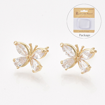 Brass Earring Studs, with Cubic Zirconia, Butterfly, Real 18K Gold Plated, 9.5x13.5mm, Pin: 0.8mm