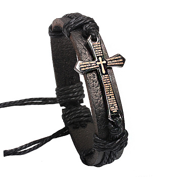 Adjustable Cross with Word Iron Braided Leather Cord Bracelets, Black, 60mm