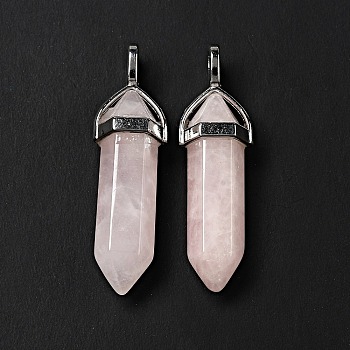 Natural Rose Quartz Double Terminated Pointed Pendants, with Alloy Findings, Bullet, Platinum, 38~45x12mm, Hole: 3x5mm, Gemstone: 10mm in diameter