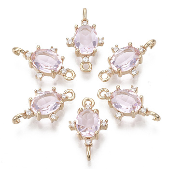 Glass Links connectors, with Brass Micro Pave Cubic Zirconia, Faceted, Oval, Light Gold, Pink, 17.5x10x5mm, Hole: 1.2mm