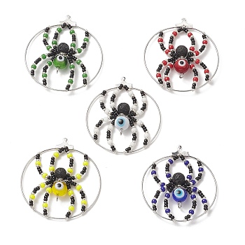 5Pcs 5 Color Brass Pendants, with Glass Seed & Evil Eye Lampwork & Natural Lava Rock Beads, Ring with Spider Charms, Mixed Color, 44~48x40~43x8mm, Hole: 1mm and 2mm, 1Pc/color