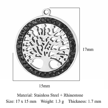 Titanium Steel Rhinetone Pendants, Flat Round, Tree of Life, Platinum, 17x15mm