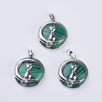 Malachite Kitten Pendants, with Brass Findings, Flat Round with Cat & Crescent Moon Shape, Platinum, 32x27.5x10mm, Hole: 5x7mm