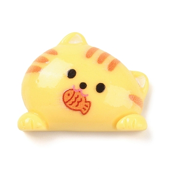 Cute Cat Eat Fish Opaque Resin Decoden Cabochons, Kitten, for Jewelry Making, Gold, 28.5x23x7mm
