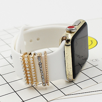 Rectangle Alloy Rhinestones Watch Band Charms Set, Imitation Pearl Beads Watch Band Decorative Ring Loops, Light Gold, 2.1x0.3cm, 5pcs/set