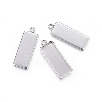 201 Stainless Steel Pendant Cabochon Settings, Plain Edge Bezel Cups, Rectangle, Stainless Steel Color, 30x11x2mm, Hole: 2.3mm, Tray: 25x10mm
