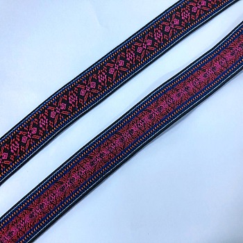 Ethnic Style Embroidery Flat Polyester Elastic Rubber Cord/Band, Webbing Garment Sewing Accessories, Rhombus Pattern, Cerise, 25mm