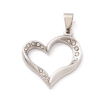 304 Stainless Steel Pendant,  Rhinestone, Heart, Stainless Steel Color, 32x29x3.5mm, Hole: 9x4.5mm
